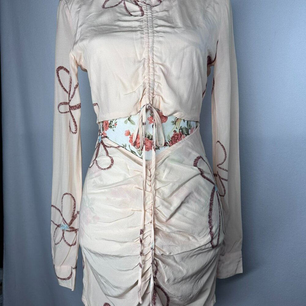 WITH JEAN Cut Out Roxy Dress Peach Floral Print Tie Front Size XSmall Longsleeve